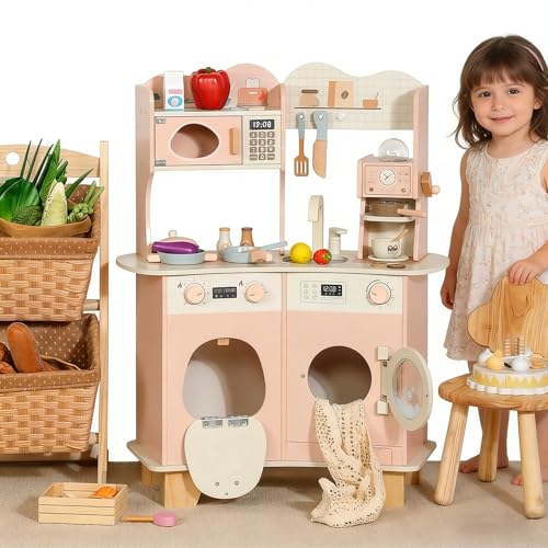 Skirfy Kids Wooden Play Kitchen Set Pretend Playset Toy for Kids Boys Girls Age 3+Pretend Toddlers Kitchen Toy with Accessories Baby Gift for Ages 3 4 5 6 7 8