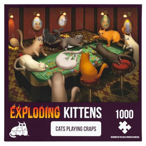 Cats Playing Craps Jigsaw Puzzle by Exploding Kittens, 1000 Pieces, Ideal for Adults Teens, and Kids