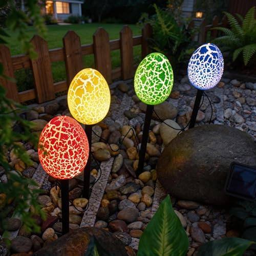 Solar Powered Easter Egg Garden Lights, Outdoor Waterproof Decorative Stake Lights for Patio, Yard, Villa, 5.2x3.5 Inch (4 Colors in 1 Package)
