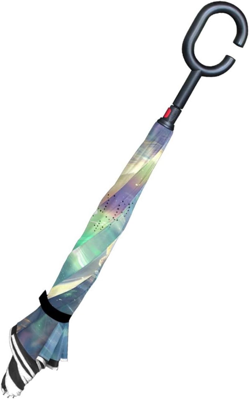 Aurora Borealis Polar Bears Inverted Umbrellas for Rain Windproof Reverse Upside Down Golf Umbrella with C-shape Handle for Men Women