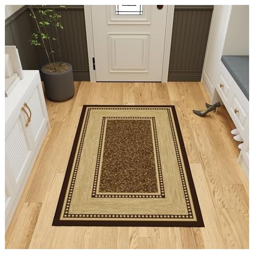 Machine Washable Bordered Design Non-Slip Rubberback 3x5 Traditional Area Rug for Living Room, Bedroom, Kitchen, 3'3" x 5', Brown