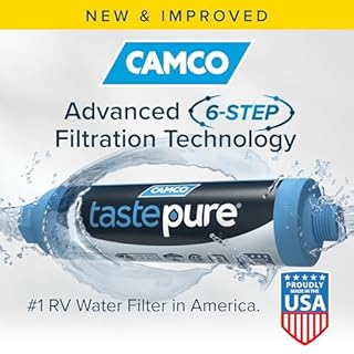 Camco Tastepure RV Water Filter - Advanced RV Inline Water Filter with Flexible Hose Protector - GAC & KDF Filtration - Made in USA - Camping Essentials for Fresh Drinking Water (40043)