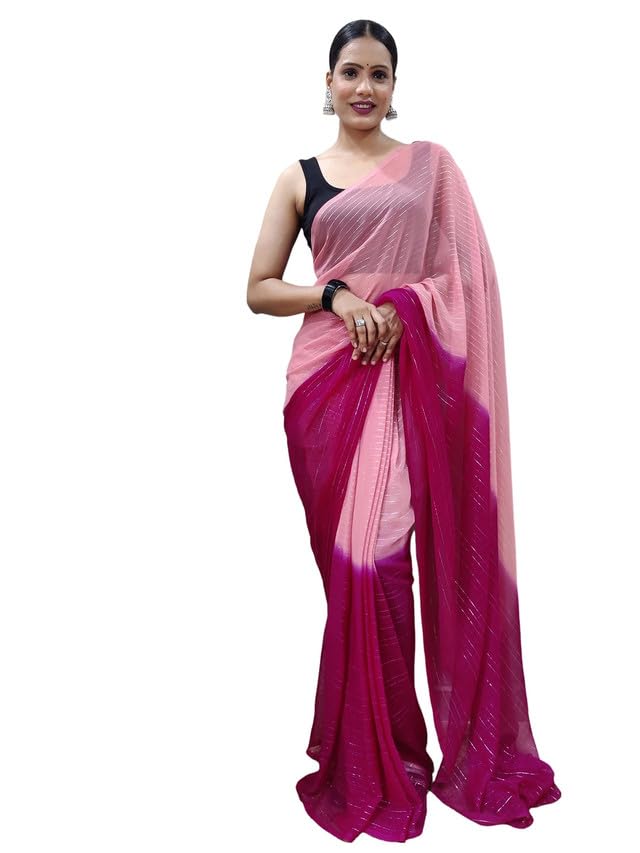 Satrani Women's Georgette Jari Stripes Ready To Wear Saree With Unstitched Blouse Piece (3370S325N_Peach & Dark Pink)