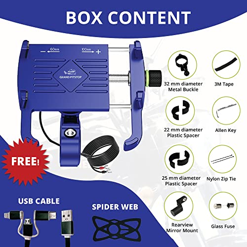 Image of GRAND PITSTOP Mobile Holder for Bikes, Motorcycle, Scooter, Bicycle, Claw Jaw Grip with Charger Bike Mobile Holder, Aluminium Cellphone Holder for Maps & GPS Navigate & 360 Rotation Phone Mount-Blue