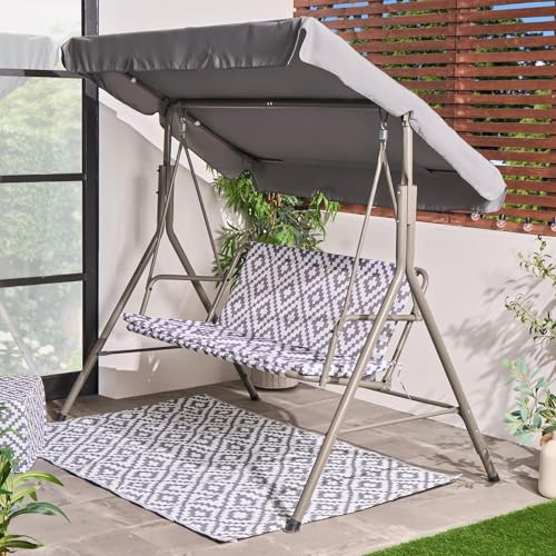 OHS Swing Bench 3 Seater Outdoor Swing Chair Adjustable Canopy Cushioned Seats with Backrest Non-Slip Feet Garden Seat Relaxing Comfy Outdoor Patio Hammock Bench - Geometric Grey