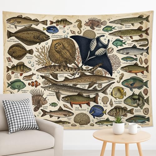 Tapiz de vida marina, colorido océano con peces para colgar en la pared, decoración náutica para sala de estar, dormitorio, casa de playa, tapices estéticos, 228 x 178 cm