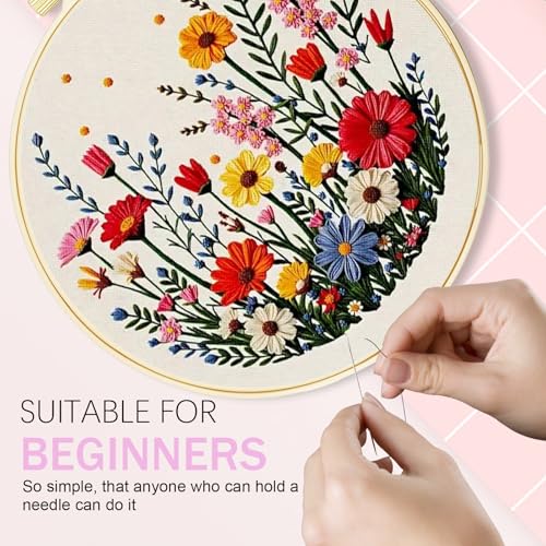 Image of Huacan Embroidery Kit Flower Pattern Practice Kit, Including Instructions, Embroidery Hoop, Cloth, Needles and Thread for DIY Craft