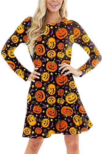 Halloween Women Pumpkin Dress Long Sleeve Festival Swing Flare Dresses
