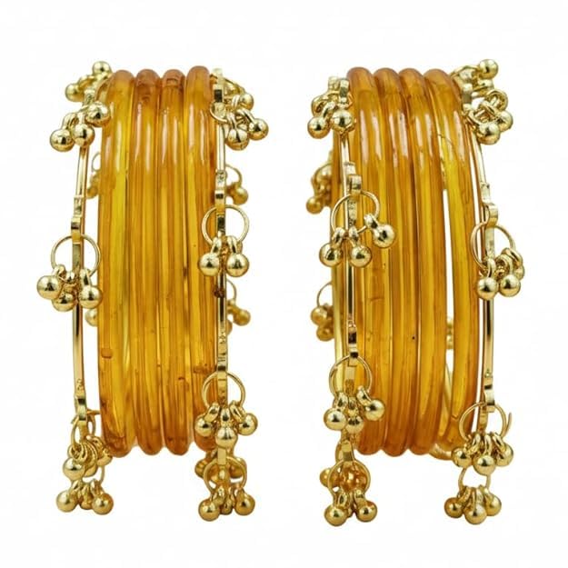 KAYASHA Trendy Glass Bangles with Alloy Ghungroo Charms For Women| Fancy Designer Glass Bangles | Traditional Chudi | Kanch Ki Churi | Stylish Ghungroo Bangles For Women - Set Of 12