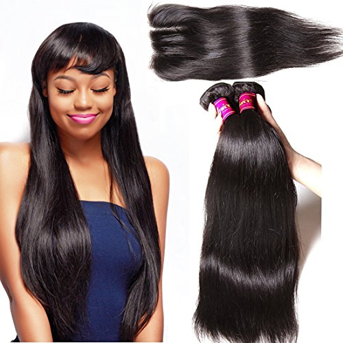 Unice Hair 3 Way Part 1pc 4x4 Lace Closure with Virgin Brazilian Straight Human Hair 3 Bundles Weaves Natural Color (14 16 18+12inch closure)