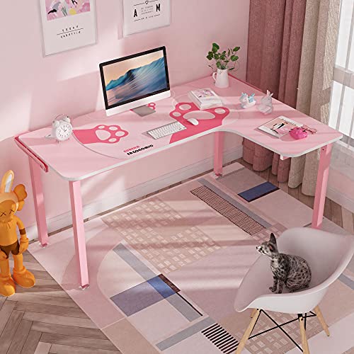 Designa Pink Gaming Desk, 60 Inch Pink L Shaped Gaming Desk, With Full Covered Cute Pink Desk Mat For Girl Gaming Desk Pink, Easy To Assemble, Right Side #TOP2