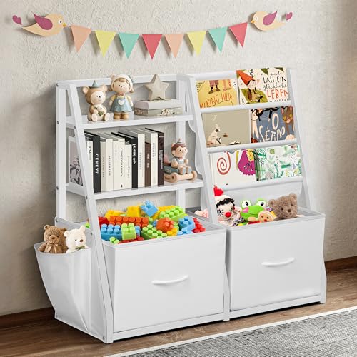 Image of LOFTEY Kids Bookshelf and Toy Storage, Book Shelf for Kids Room, Toddler Montessori Bookshelf with 2 Drawers, Baby Book Shelf for Nursery, Toy Organizer, White