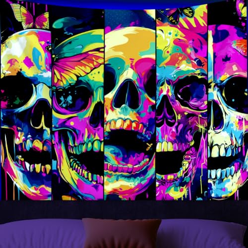 WEBEEDY UV Reactive Skull Butterfly Tapestry Trippy Black Light Neon Skeleton Art Halloween Wall Decor for Bedroom, Glow in The Dark Horror Party Aesthetic Wall Hanging Decor (150x130cm) - Image 5
