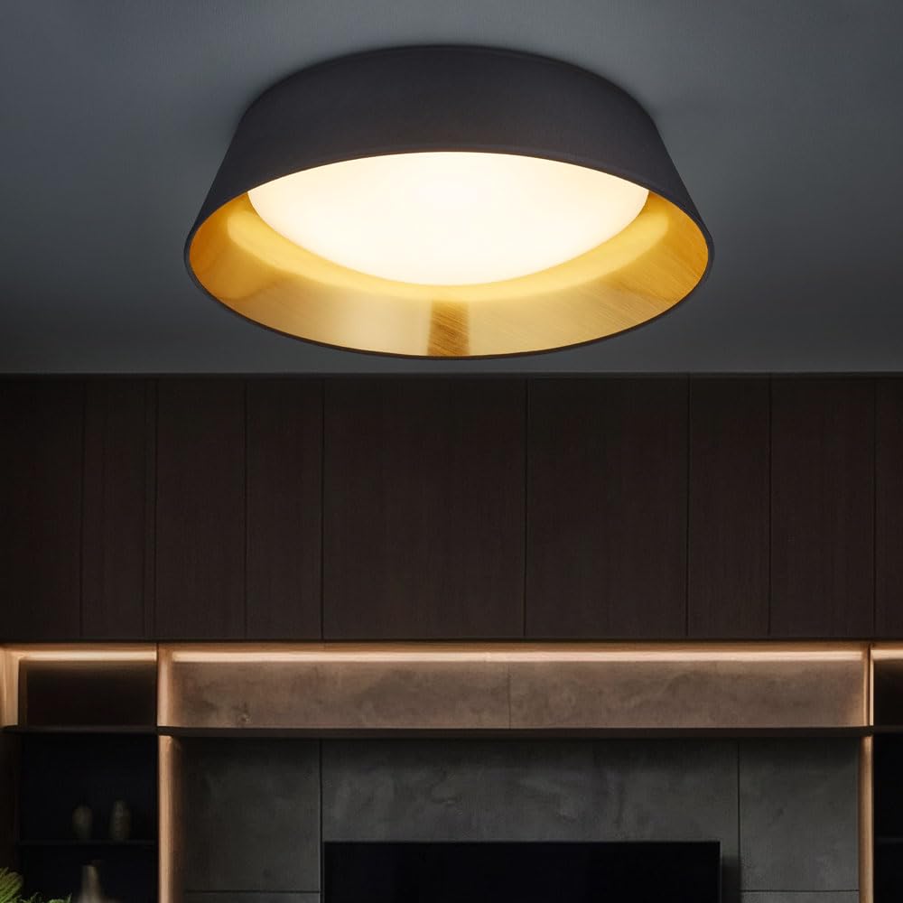 Reality Leuchten LED Deckenleuchte Ponts R62871879, Acryl weiß, Stoffschirm schwarz/goldfarbig, inkl. 18 Watt LED, Durchmesser 35,5cm