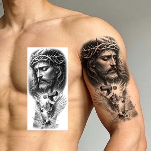 Image of Bilizar 17 Sheets Angel Jesus Temporary Tattoos For Men Women Adults Forearm Half Arm Sleeve Tattoo Sticker, Realistic Letters Fake Engraved Tattoos Family Dove Christian Faith Tatoos Body Art Durable