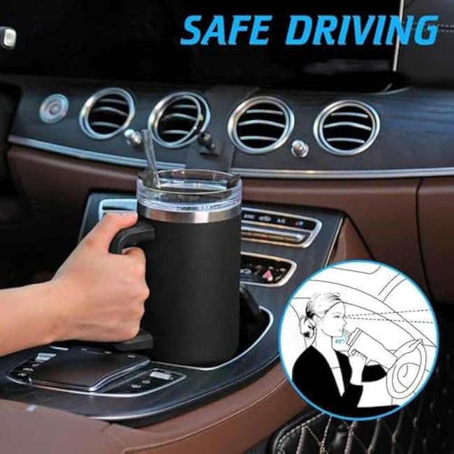 40oz Tumbler with Handle Straw Lid, Stainless Steel Vacuum Insulated Reusable Coffee Cup Keep Cold Gym Travel Mug for Iced, Gifts for Women Men Lovers, Car Holder Friendly, Black