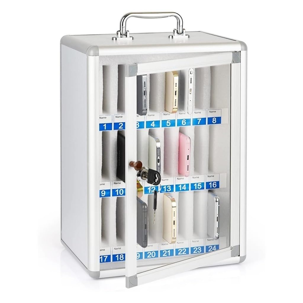 Easnuroz Cell Phone Storage Box 12/15/20/25/30/40 Slots Aluminum Alloy Mobile Phone Storage Box With Lock Classroom School Office For Classroom, Office, Repair Shop(24)