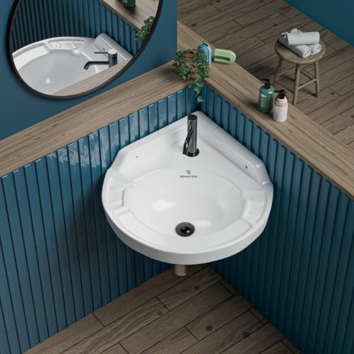 Image of REMOTION Ceramic Wall Hung Corner Wash Basin for Bathroom | Wall Mounted Corner Sink | Space-Saving, Durable & Stylish Design (17 x 15 x 7.5 Inch) (White)