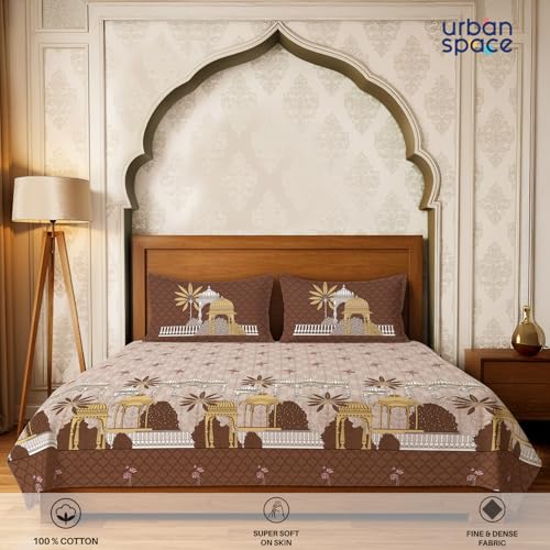 Image of Urban Space Regal 300 TC 100% Cotton Bedsheet for Double Bed, Panel Design Bedsheet, Printed Queen Size Bed Sheet with 2 Pillow Covers (90 x 108 Inches, Aangan Brown)