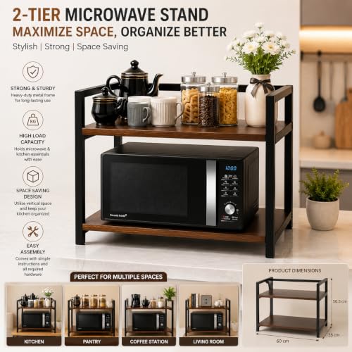 Image of REMANENCE 2-Layer Microwave Stand, OTG Stand, Microwave Oven Platform Rack, Kitchen Storage Shelf (Walnut Brown & Black Pipe,Alloy Steel;Engineered Wood, Tiered Shelf) (Black)