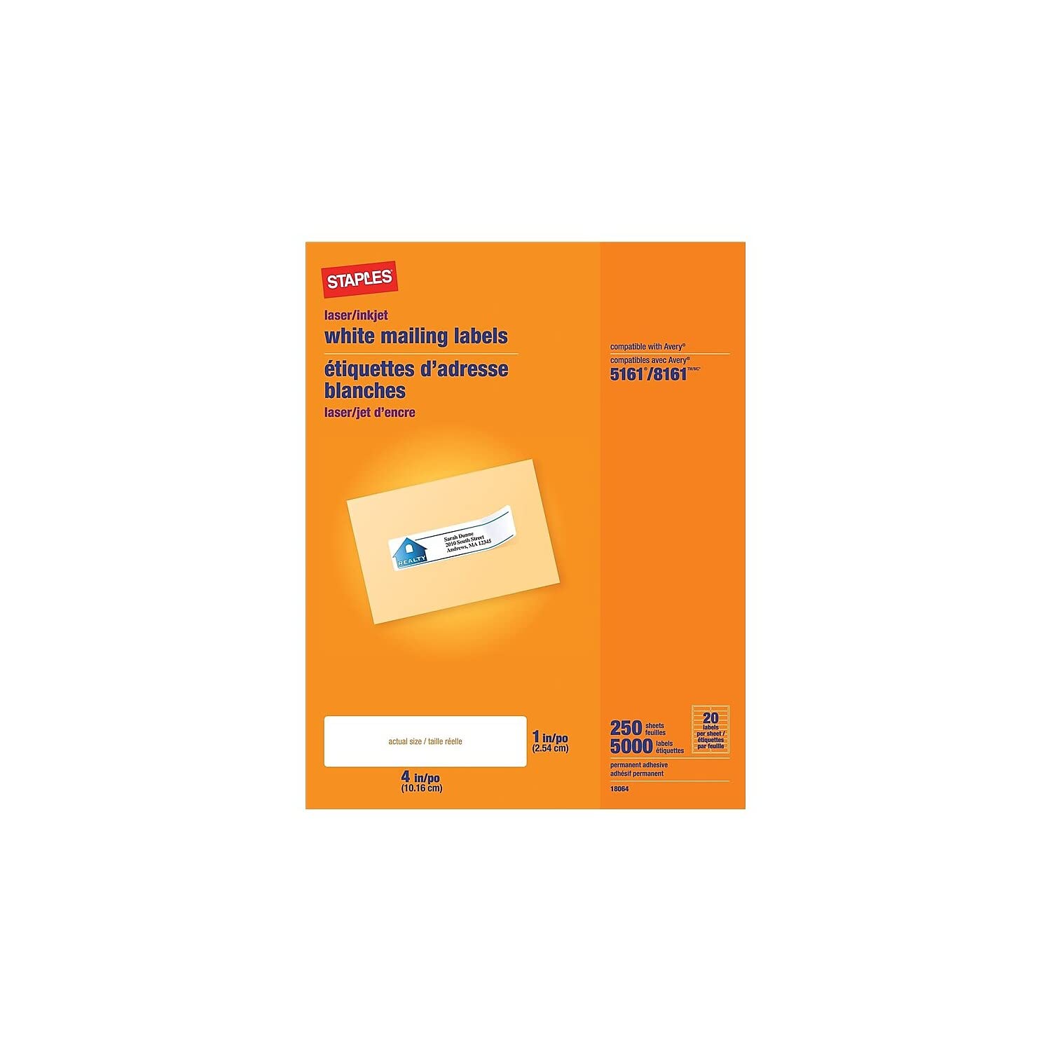 Staples 489561 Laser/Inkjet Address Labels 1-Inch X 4-Inch Bright White 20  Labels/Sheet