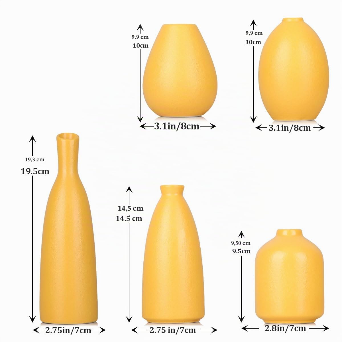 Gelbe Keramik Knospen Vasen Set von 5, Bauernhaus Dekor, Kamindekor, Kaminsims & Regal Dekor, Heimdekoration für Wohnzimmer, Eingang, Badezimmer & Büro, Couchtischdekoration, Knospenvasen Bulk
