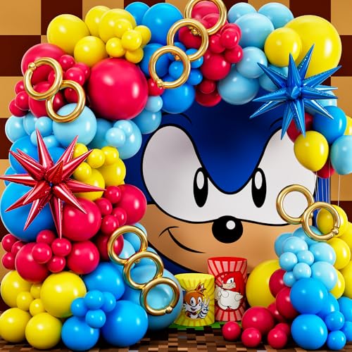 ALL-IN-1 Hedgehog Balloon Arch Kit with BONUS Rings & Starburst Balloons - Red Blue Yellow Balloons Garland for Cartoon Hedgehog Birthday Party Decorations & Party Supplies - Somic Party Decorations S