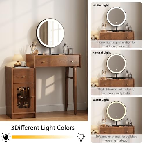 Image of Luxury 100% Solid Wood Vanity Desk with Mirror, Mid-Century Modern Makeup Table with Glass Top & Ambient Light, 2-in-1 Vanity and Nightstand with Storage Cabinet for Bedroom (Desk & Mirror)