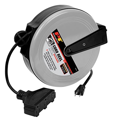 Performance Tool W2272 Retractable Cord Reel for Outlet Extension in Workshops and Home, Black/Gray, 25 feet