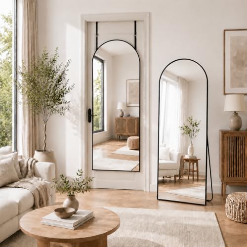 Image of Antok 58 inch x21 inch Arched Full Length Floor Mirror, Black Aluminum Frame, Free Standing /Wall Mount /Leaning for Bedroom, Living Room, Dressing Room
