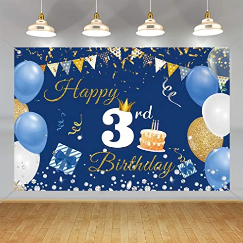 3rd Birthday Decorations Happy 3rd Birthday Backdrop Banner for Boys/Girls Happy 3 Years Old Fabric Sign Poster, Blue Photography Background Third Birthday Party Table Decoration, 150cm x 90cm