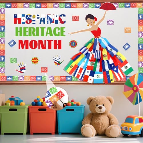 Image of Hispanic Heritage Month Decorations Bulletin Board Set, Spanish Heritage Month Bulletin Board with Latin American Flags Board Border Paper Flowers, Spanish Classroom Decor for Door Wall Party Supplies