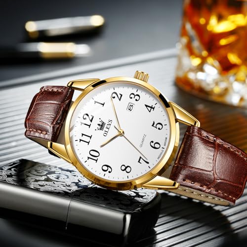 Image of OLEVS Watch Men Mens Watches Watches for Men Leather Band Classic Brown Leather Watch Men, Analog Watch Men, Black Mens Leather Watch, Dress Waterproof Large Face Mens Watch,Relojes para Hombres Watch
