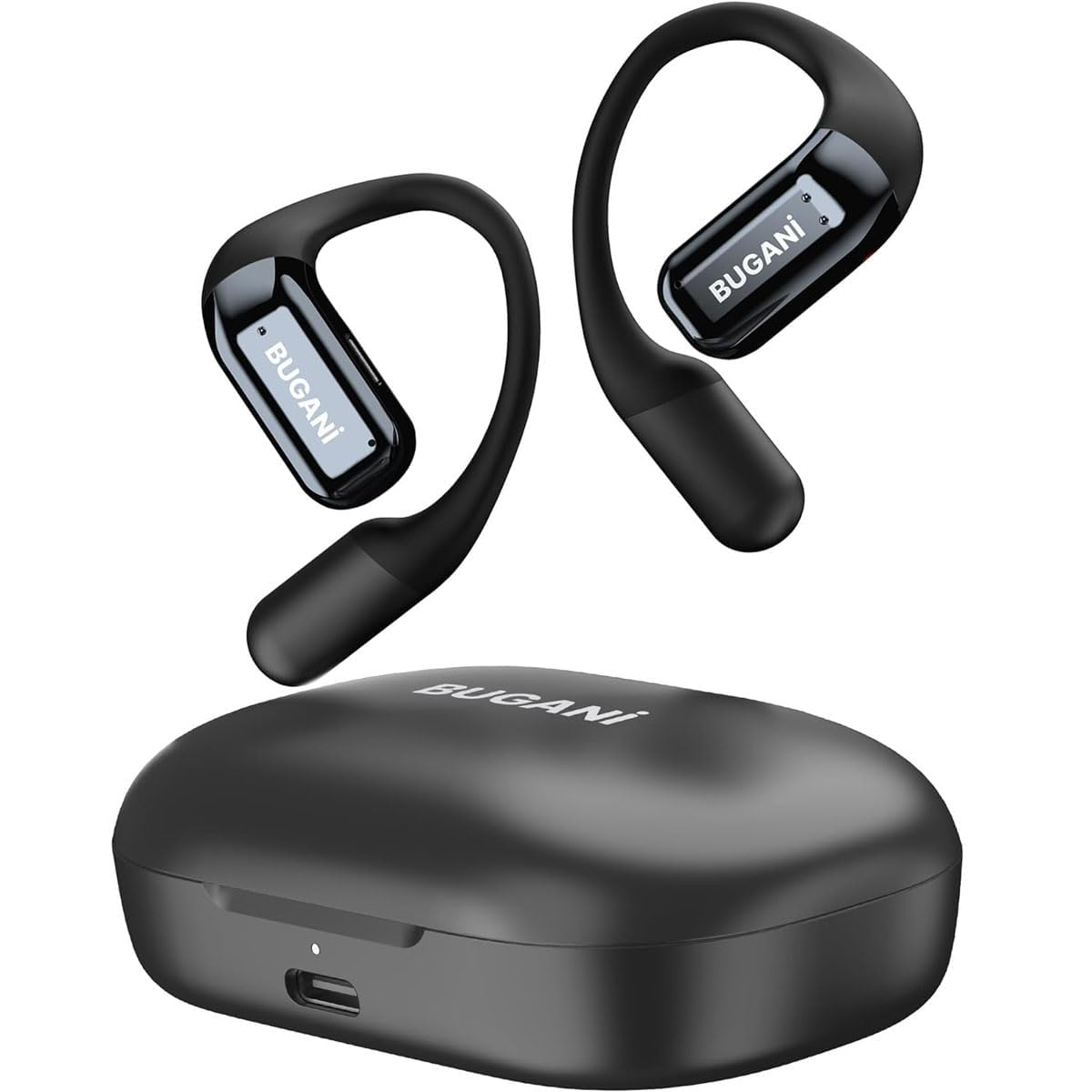 BUGANI Open Ear Earbuds, 5.2 Wireless Earbuds Noise Cancelling, Immersive Stereo Sound, Fast Charging, Bluetooth Headphone for Running, 32h Playtime and Waterproof Black - 1