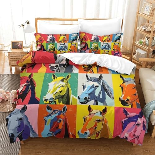 Housse de couette cheval 3D lit double 200x200 parure 3 pièces