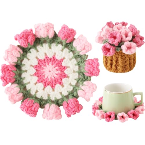 Crochet Flower Coasters Handmade Bouquet Coasters with Crochet Plant Pot