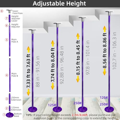 image for PRIOR FITNESS Permanent Fixed Dance Pole Kit, New Purple Color Profess