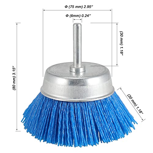 Image of MOUYAT 4 Pack 3 Inch Nylon Abrasive Cup Brushes, 240 Grit Assorted Nylon Cup Drill Brushes with 1 /4 Inch Shank for Removal Grout, Cleaning Furniture Paint, Stripping Residue, Blue