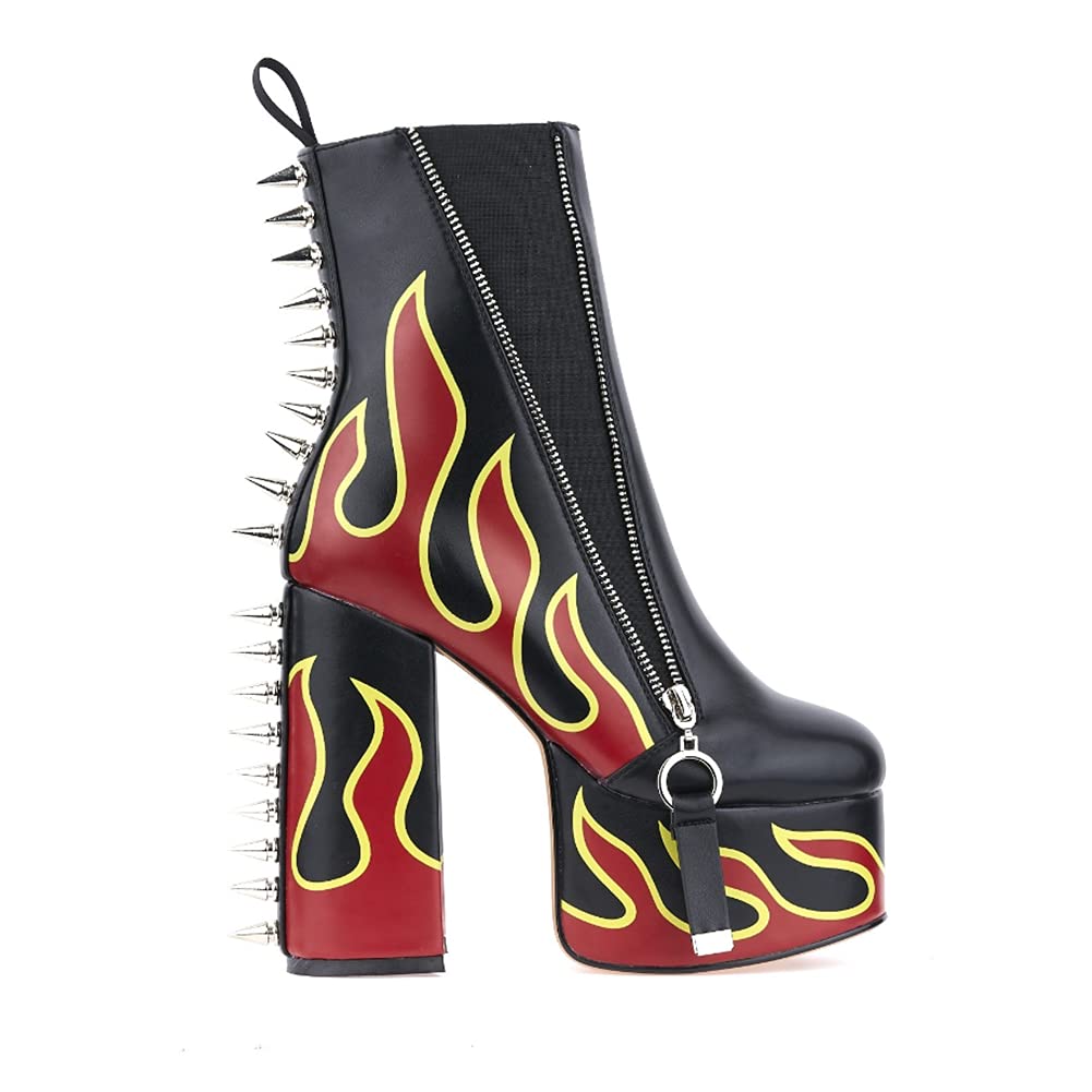 DETOGNI Womens Elastic band High Heels Rivets Ankle Boots Ladies Flames Totem Metal Zipper Thick Heels Punk Booties