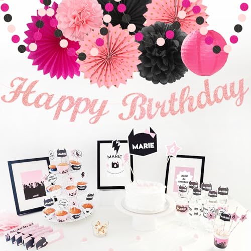Image of Hot-Pink Black Girls-Women Birthday Party-Decorations - 21pcs Baby Happy Banner, Paper Streamers Lanterns,Tissue Pom Poms Fan,Backdrop Decor Huglony
