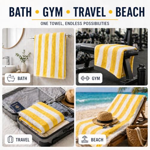 Image of TowelWala Extra Large Cotton Pool & Bath Towel | 180x90 cm | 450 GSM Cotton | Quick Drying & Highly Absorbent | Striped Design for Adults | TW PT YLW Pack 2