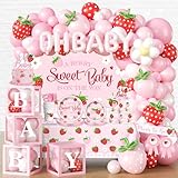 297pcs Berry Sweet Baby Shower Decorations for Girl, Serve 25, Strawberry Baby Shower Decorations All-in-one Set with Backdrop Tableware Tablecloth Balloon Box Cupcake Stand Sash Corsage, Etc.