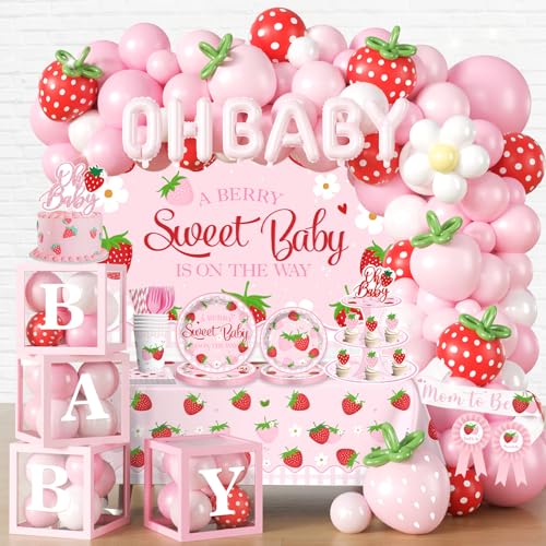 297pcs Berry Sweet Baby Shower Decorations for Girl Serve 25 Strawberry Baby Shower Decorations All-in-one Set with Backdrop Tableware Tablecloth Balloon Box Cupcake Stand Sash Corsage Etc.