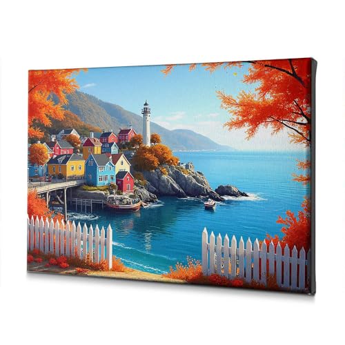 Toile décorative pour salon village côtier phare multicolore