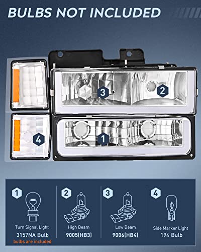 Nilight Headlights Assembly Led Drl For Chevy Silverado 1500 2500 3500 1990 1991 1992 1993 1994 1995 1996 1997 1998, Chevrolet Tahoe/C10/Ck/Suburban/Yukon 1990-1998,Chrome Housing #TOP1