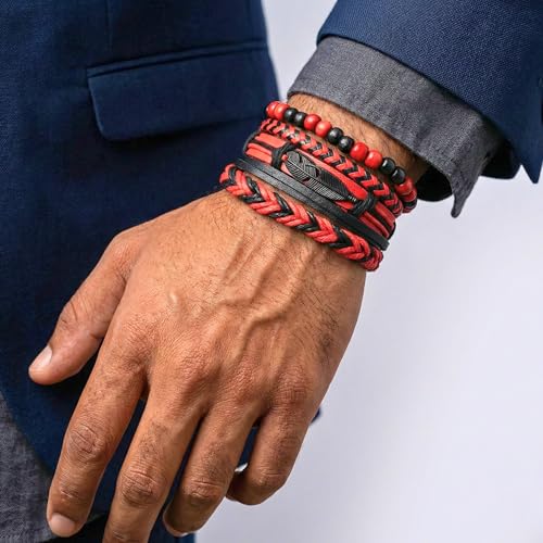 Image of THE MEN THING CRIMSON FEATHER - 4 Pcs Genuine Leather Adjustable Bracelet Set for Men & Boys (8 inch)