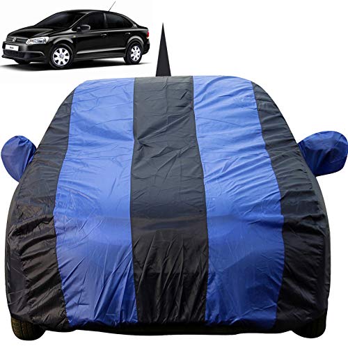 Image of Autofact Car Body Cover for Volkswagen Vento with Mirror and Antenna Pocket (Light Weight, Triple Stitched, Heavy Buckle, Bottom Fully Elastic, Royal Blue Stripes with Navy Blue Color)