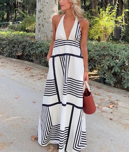 Women White Black Stripe V-Neck Sleeveless Backless Zipper Beach Style Long Dress3