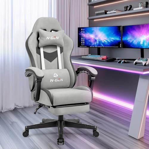 Image of N-GEN GAMING Video Gaming Chair Office Computer Desk Use Ergonomic Reclining Backrest Adjustable Armrests Lumbar Support Footrest High Density Foam Breathable Fabric Heavy Duty Base (Grey)