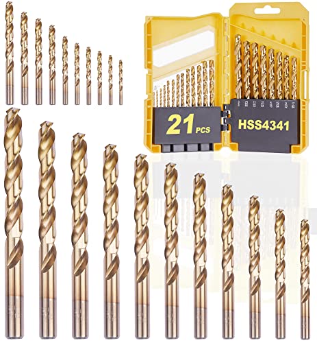 Longmate Titanium Nitride Coated Drill Bit Set, Pilot Point, 21-Piece 1/16'-3/8'
